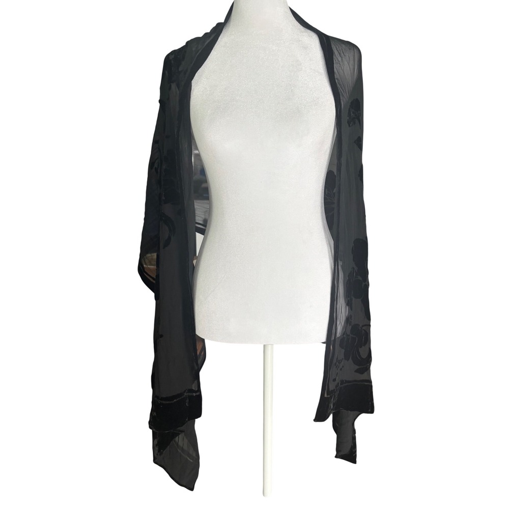 Vintage Whimsigoth Witchy Echo Black Velvet Burnout Floral Scarf Chiffon Shawl - Picture 2 of 8